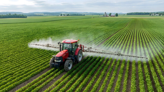 Red tractor spraying crops in a green field isolated on white background