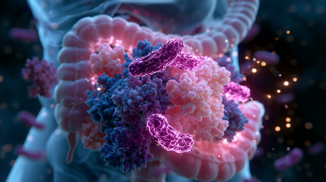 detailed illustration of colorful bacteria organisms floating, biology research and medical science concept
