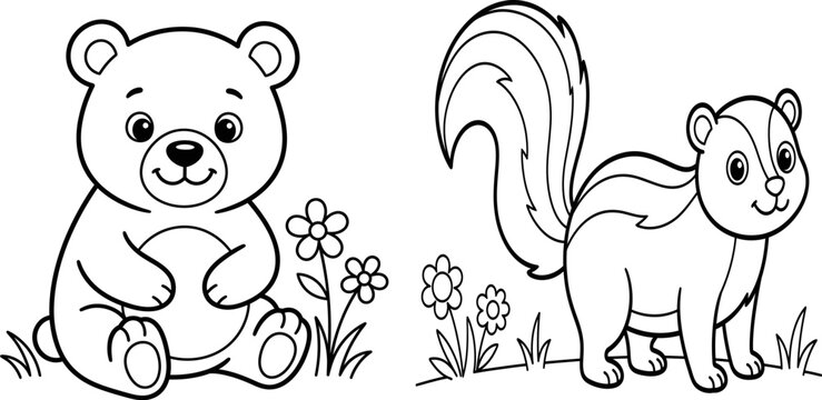 Cute bear and squirrel outline drawing for children coloring book page with floral background elements