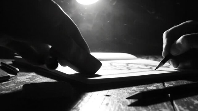 Creative dark artistic studio with a hand drawing with pencil and eraser under bright lamp light, monochrome.