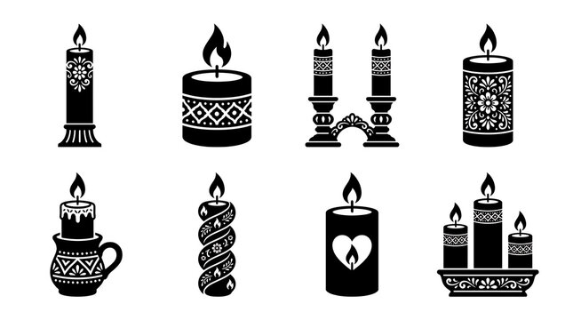 Dia de los Muertos candle icons set with traditional Mexican folk art patterns