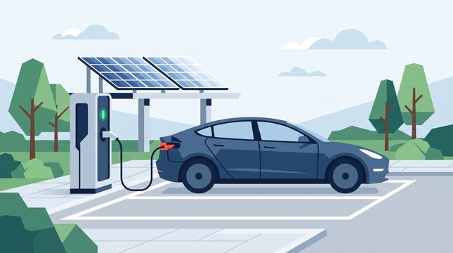 Electric vehicle connected to a charging station beside solar panels, flat vector illustration representing battery charging, renewable electricity, sustainable transportation, and clean mobility.