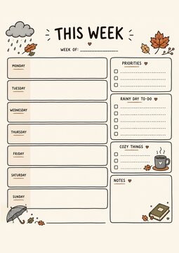 Rainy Autumn Weekly Planner Template with Priorities and Cozy To Do List. Rainy autumn themed weekly planner template featuring daily planning sections, priorities, rainy day tasks, cozy activities.
