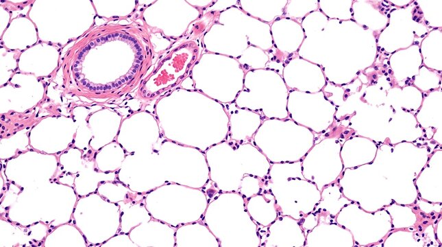 Microscopic view of human adipose tissue with stained cells