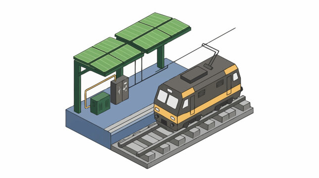 Isometric illustration of a modern train station with a yellow locomotive.