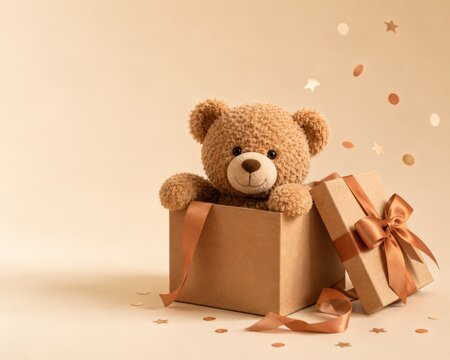 Teddy Bear Emerging from Gift Box with Festive Confetti