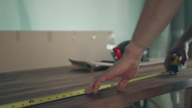 Tape measure and red circular saw resting on a walnut butcher block countertop in a workshop
