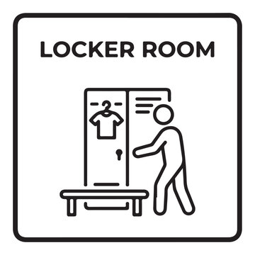 Flat design locker room sign showing a person placing clothes into a locker for gym or sports facility use.