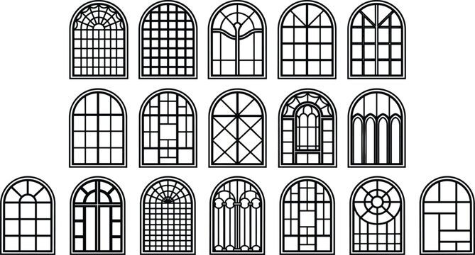 Classic arched windows frames line icon collection for classic home architecture building facade exterior design