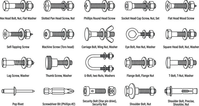 Comprehensive guide chart of structural fasteners showing assorted machine bolts nuts washers and anchor rivets with names