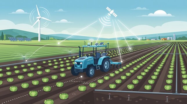 Autonomous electric tractor operating across smart crop fields with GPS navigation and soil sensors, flat vector illustration representing automated farming, precision agriculture
