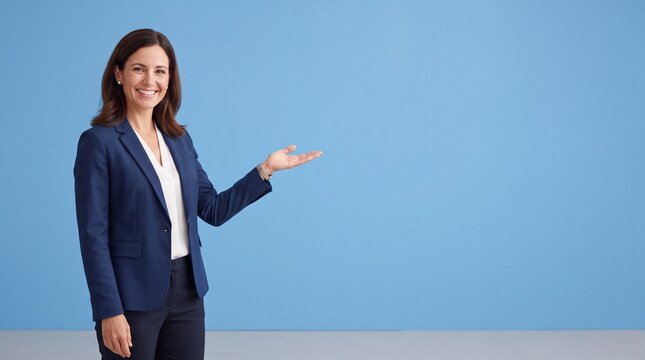 A smiling woman in a dark blue business blazer and white shirt standing against a light ad social media download thambnail poster web template event festival 2026 2027 2028
