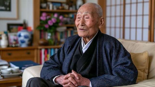 wise senior man portrait wearing traditional clothing indoors, elderly lifestyle and japanese culture concept