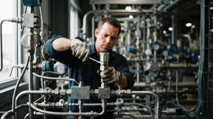 Fototapeta premium Technician tightening a stainless steel pressure transmitter on a pipe manifold with valves, gauge housings, braided tubing, and process piping in a clean factory.