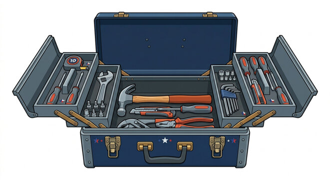 Professional blue metal toolbox with hand tools, open cantilever tool box vector, repair kit with hammer and screwdrivers