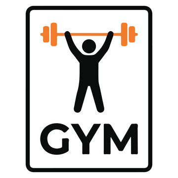Stylized icon of a person lifting barbell weights emphasizes gym and fitness concept with bold typography.
