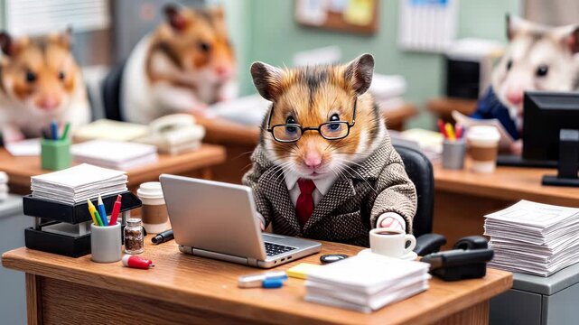 Anthropomorphic hamster executive working on laptop and drinking coffee in busy open plan office. Selective focus medium shot.
