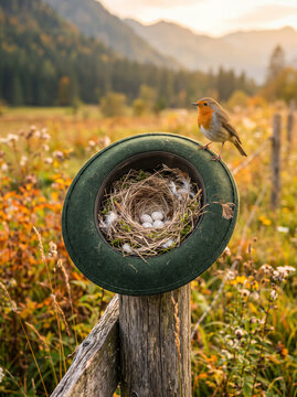 Small robin bird perches on green Bavarian felt hat containing nest with speckled eggs placed on wooden fence post in rural meadow. Carnival Oktoberfest festival celebrating concept with copy-space.