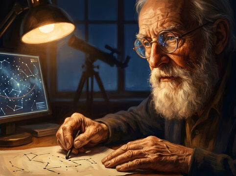 Elderly astronomer with beard and glasses hand drawing constellations on paper beside a telescope and star map computer screen