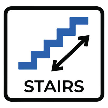 A blue stairway icon with an upward arrow indicates stairs in a directional sign.