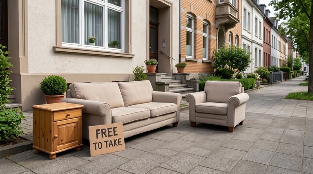 Used furniture placed outside a residential building with a "FREE TO TAKE" sign, representing free giveaway, furniture reuse, donation, and community sharing