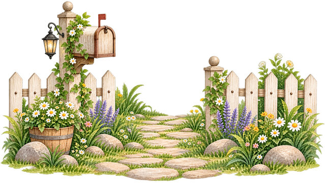 Idyllic watercolor illustration of an open wooden fence gate with a vintage mailbox, stone walkway, and lush garden flowers. Ideal for home, garden, and welcome design concepts.