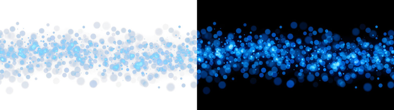 Scattered blue glittering particles and floating bokeh light dust stream