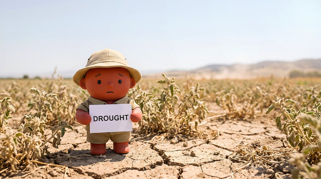 Cute Toy Character Holding Drought Sign in Dry Parched Earth Field. Environmental Crisis Concept Showing Sad Explorer Figure in Arid Soil Landscape.