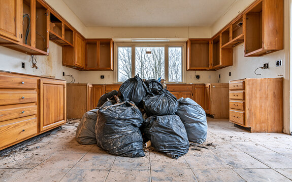 Kitchen remodel site with cabinets partly removed. Debris bags sit on floor amid unfinished construction project. Home improvement work in