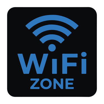 Black square sign with white Wi-Fi symbol and text indicating a designated wireless internet zone.