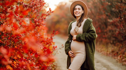 Pregnant woman strolls along path among trees with vibrant foliage. Beautiful woman in hat touches...