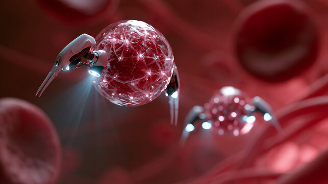 robotic nanobot spider attached to red blood cell close up, nanotechnology and futuristic medicine concept