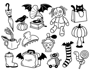 Naklejka premium Quirky Halloween Hand Drawn Doodle Collection with Voodoo Doll, Black Cat, Pumpkin Lamp and Spooky Vintage Objects