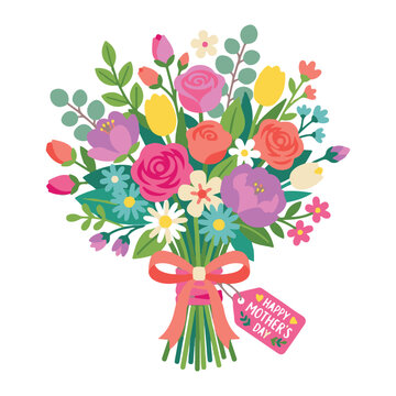 Bright bouquet of flowers wrapped with a ribbon and a tag that reads 'Happy Mother&rsquo;s Day' for a cheerful gift.