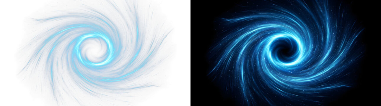 Swirling blue galaxy vortex with glowing spiral arms and cosmic particles