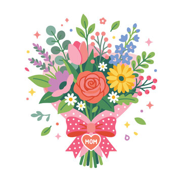 Colorful bouquet of flowers tied with a ribbon and a red tag reading 'MOM' for Mother's Day celebration.