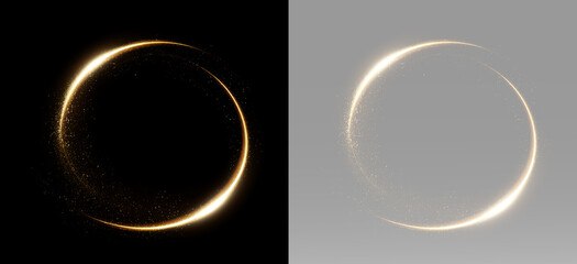 Bright gold ring with a glowing curved motion trail, smooth circular light frame isolated for luxury and magical overlay design © Alehandro
