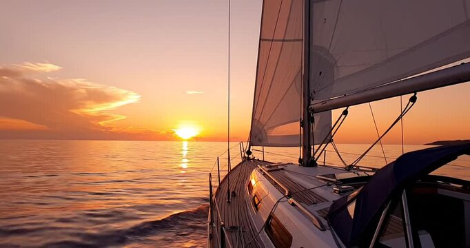 Sailboats sailing at sunset on open ocean during golden hour. 4K Video