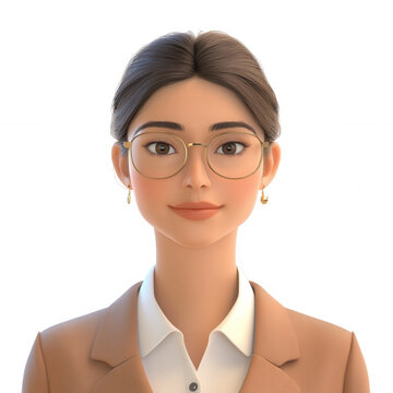 Professional business woman 3d cartoon avatar wearing glasses and smiling with confidence suit