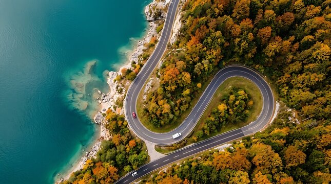 Aerial view of coastal road with spiral roundabout near forest and ocean