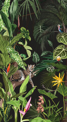 Fototapeta premium Tropical botanical vertical illustration, many kind of exotic orchids flowers leopard animal, plant floral border background. Exotic green jungle wallpaper.