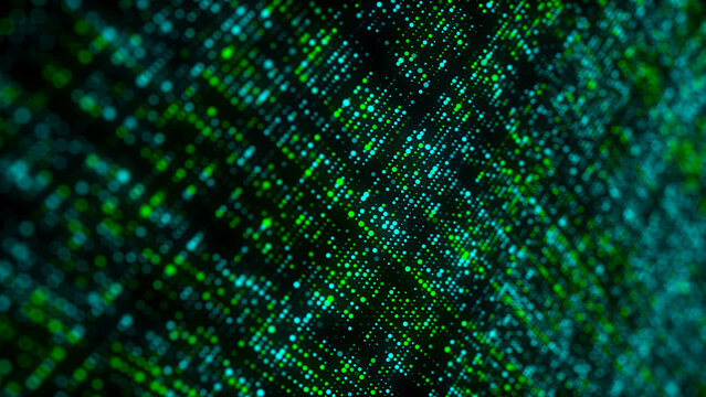 Futuristic green dots background. Abstract glitch background. Corrupted binary code. Technology of many glowing particles. Artificial intelligence. Big data visualization. 3d rendering.