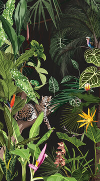 Tropical botanical vertical illustration, many kind of exotic orchids flowers leopard animal, plant floral  border background. Exotic green jungle wallpaper.