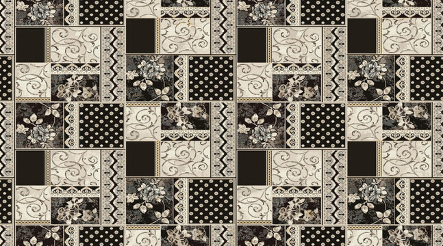 Hand drawn floral patch seamless pattern with geometric grid layout