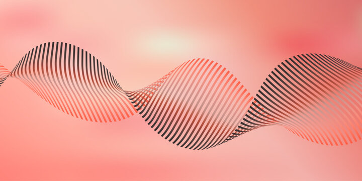 Abstract pink and coral gradient background with undulating wave of black stripes for modern design.