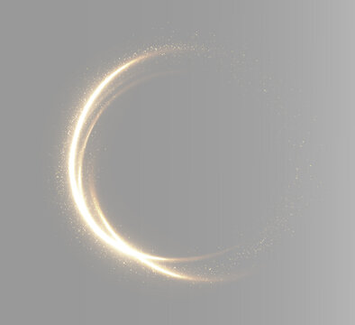 Golden glowing ring with a smooth circular light trail, elegant luminous circle isolated as a magical overlay for creative design