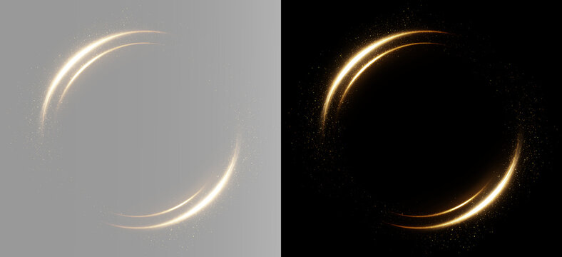 Smooth golden circle with a bright luminous edge and flowing light streak, isolated glowing ring effect for modern overlay design