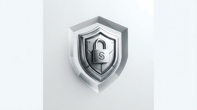 Metallic security shield with digital padlock on clean white background
