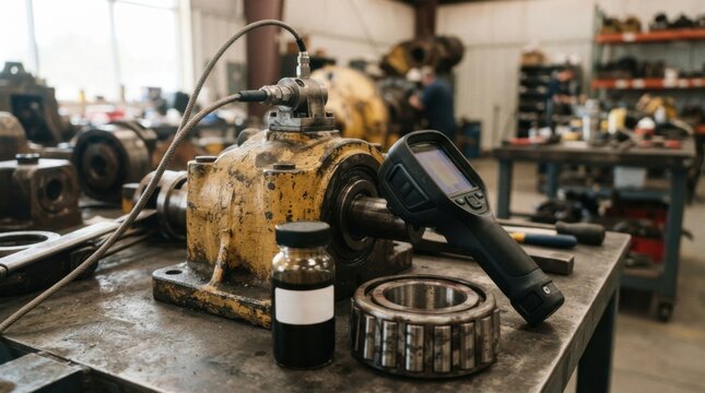 Predictive maintenance for mining machinery with vibration sensor, thermal camera, oil sample vial, and worn steel bearing in a mining equipment lab.
