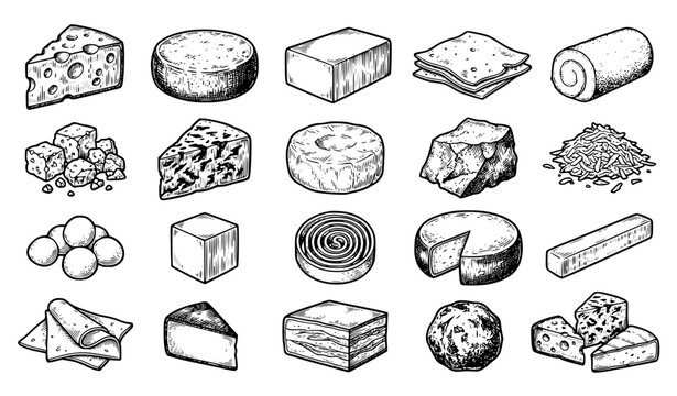 Vintage cheese varieties collection with wedges wheels slices and dairy food black and white vector illustration